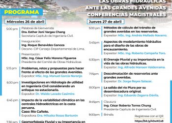 El foro «Las obras hidráulicas antes las grandes avenidas recurrentes» se realizará el 26 y 27 de abril en el Colegio de Ingenieros del Perú – Consejo Departamental de Lima
