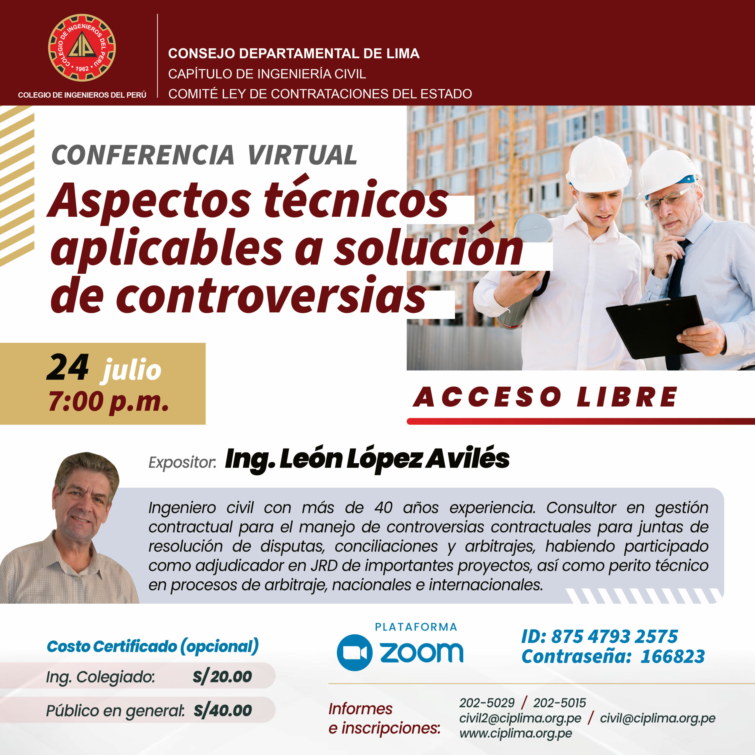 Conferencia virtual «Aspectos técnicos aplicables a solución de controversias» / Lunes 24 de julio – 7:00 p.m.