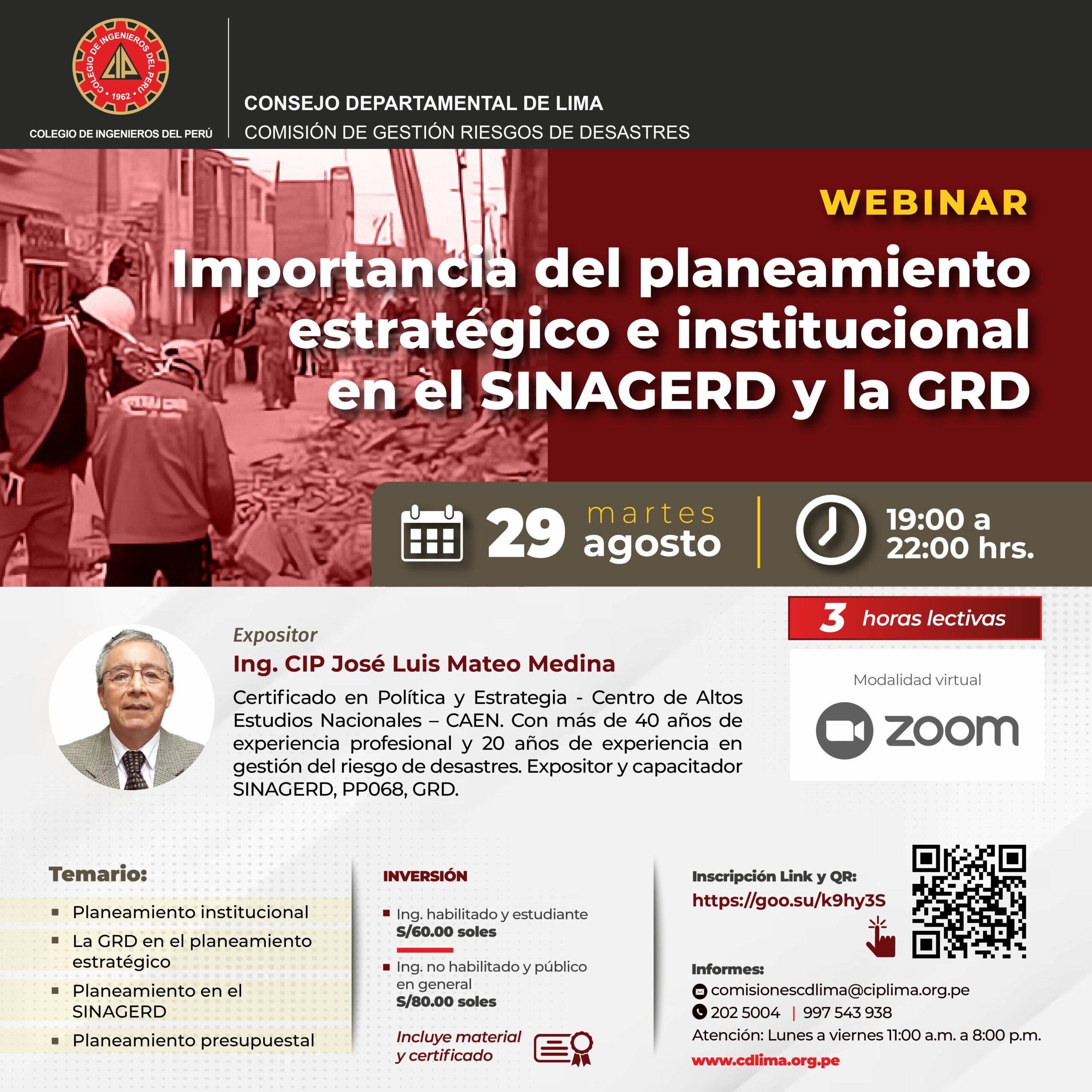Webinar «Importancia del planeamiento estratégico e institucional en el SINAGERD y la GRD» / Martes 29 de agosto – 7:00 p.m.