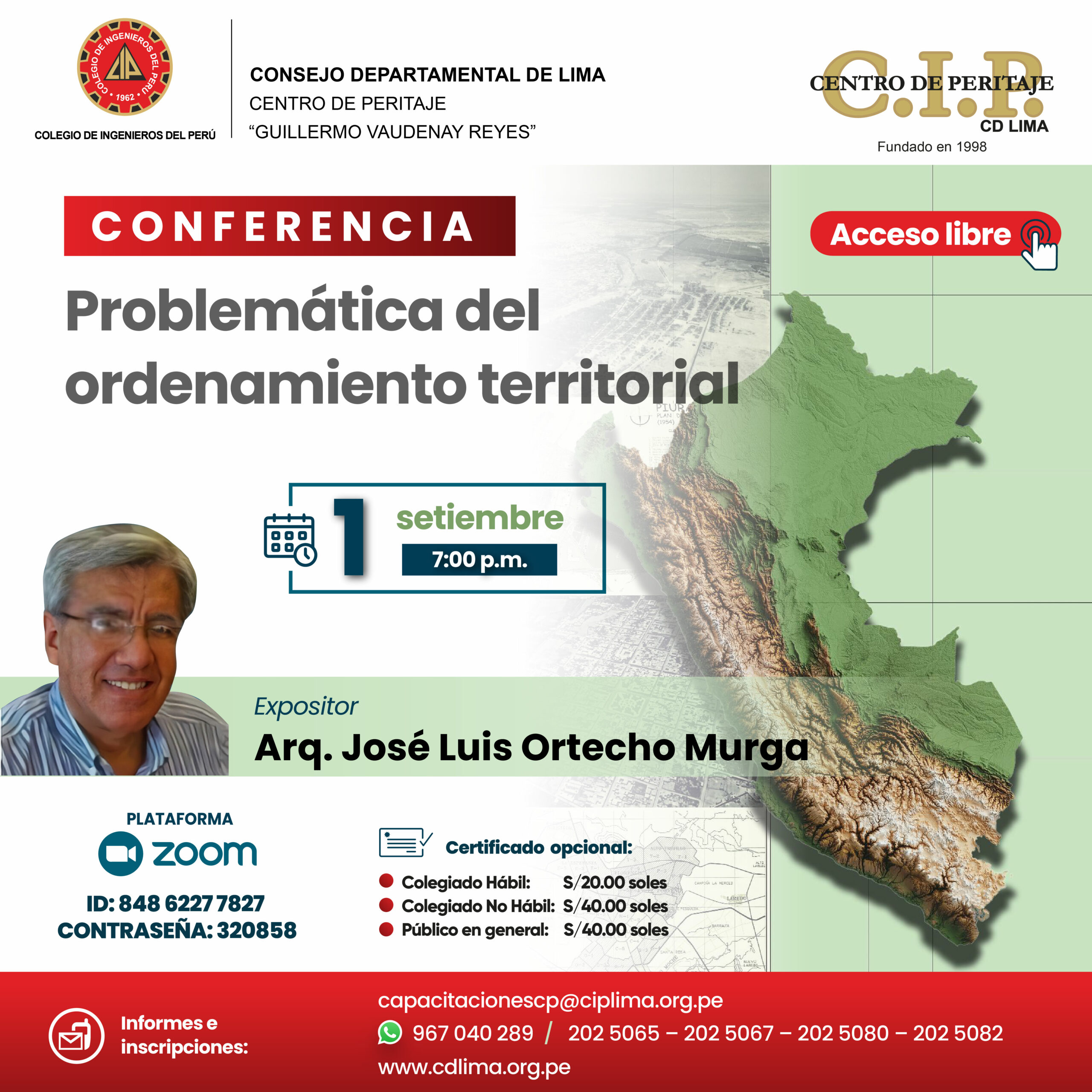 Conferencia virtual: «Problemática del Ordenamiento Territorial»/ Viernes 1 de setiembre – 7:00 p.m.