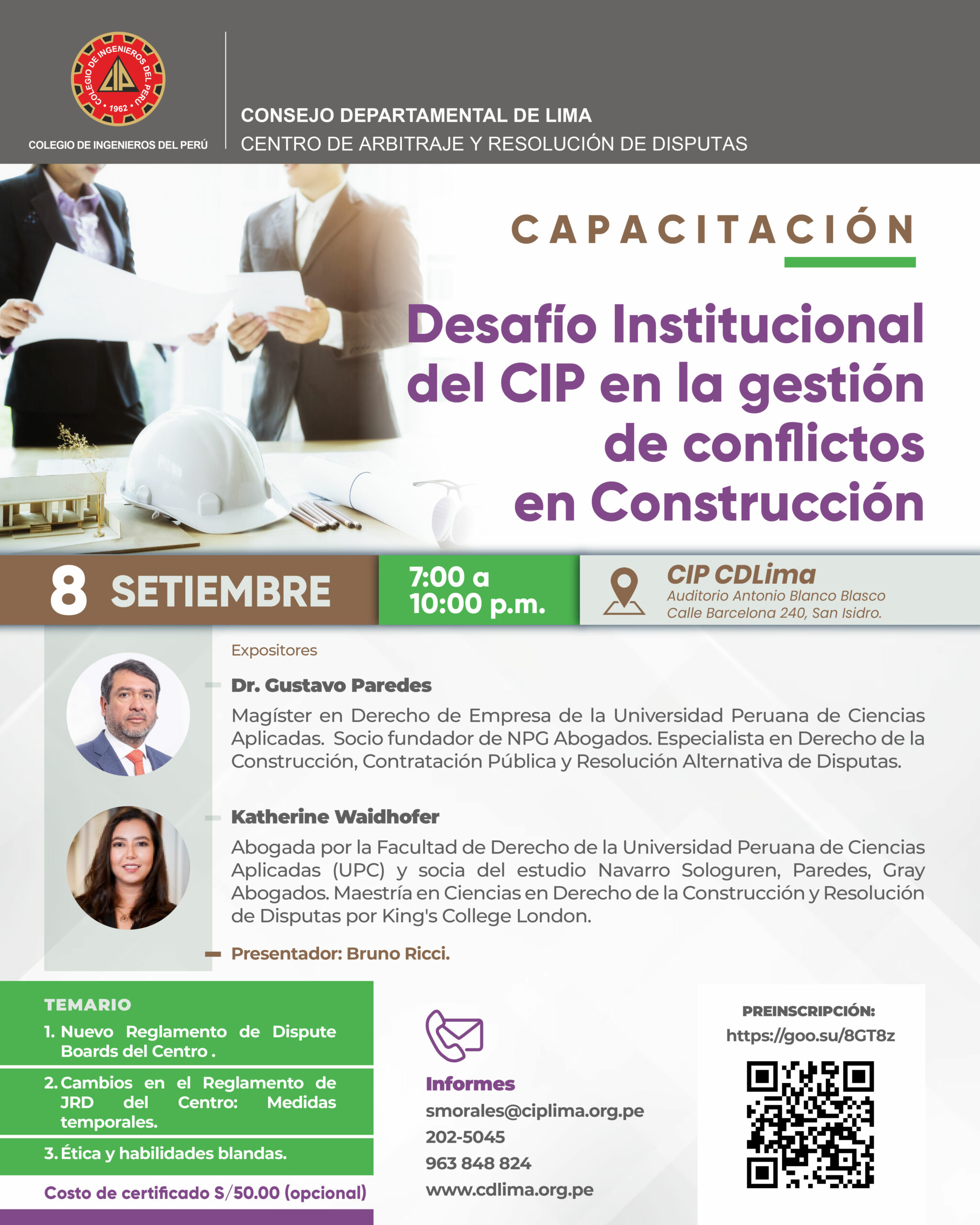 Capacitación: «Desafío Institucional del CIP en la gestión de conflictos en Construcción» – CARD / Viernes 8 de setiembre – 7:00 p.m.