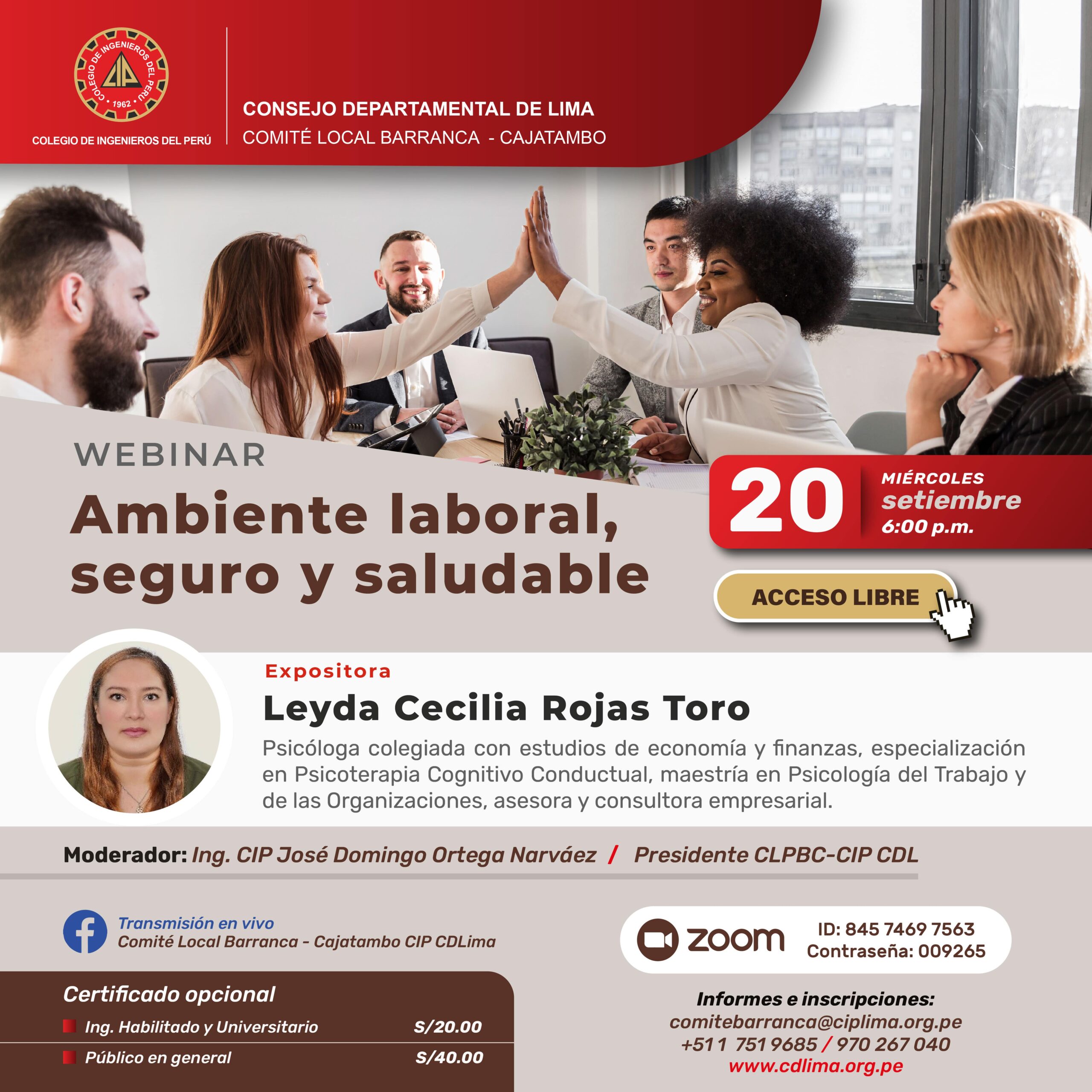 Webinar «Ambiente Laboral, Seguro y Saludable» / Miércoles 20 de septiembre – 6:00 p.m.