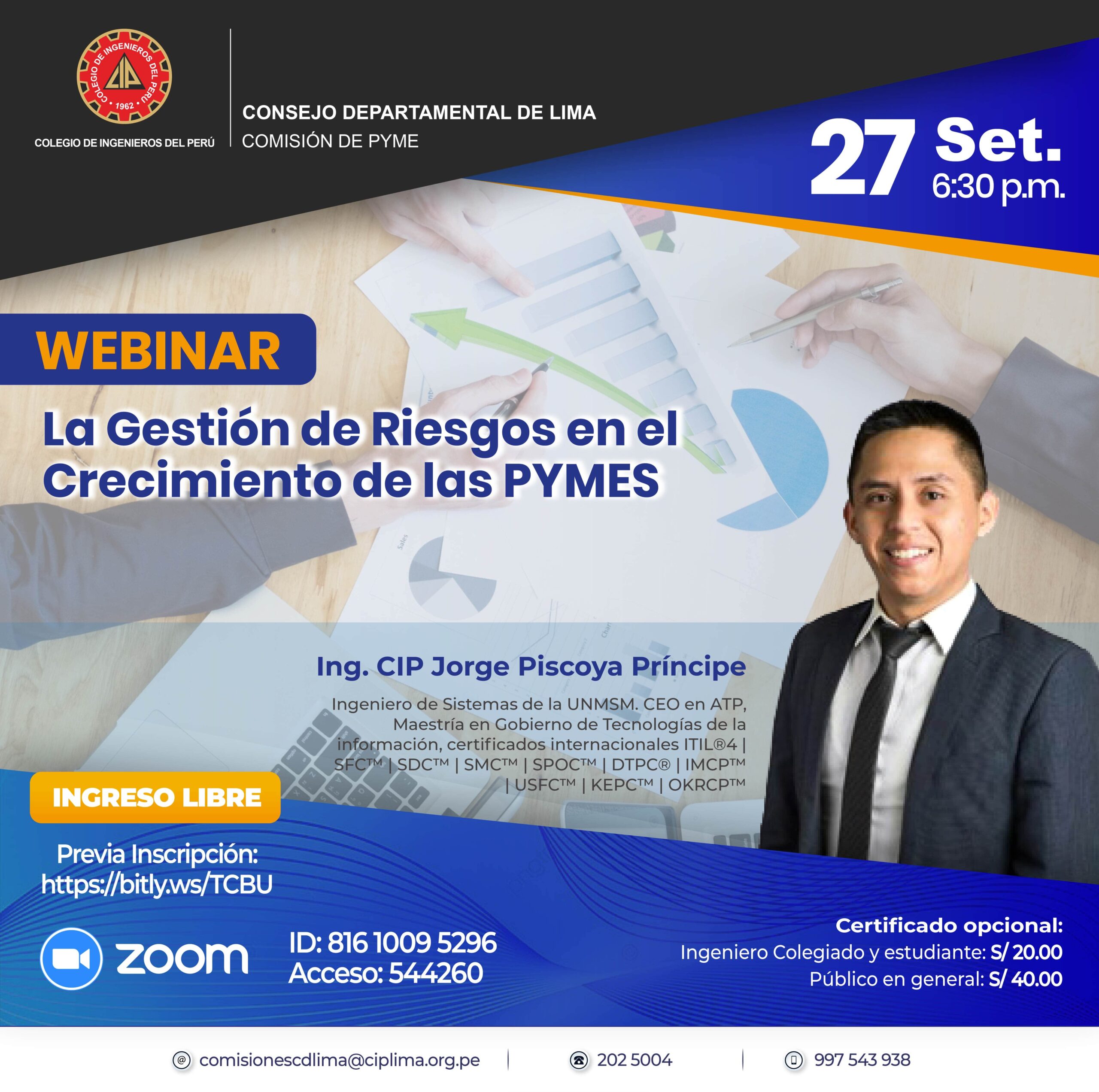 Webinar «La gestión de riesgos en el crecimiento de las PYMES» / Miércoles 27 de septiembre – 6:30 p.m.