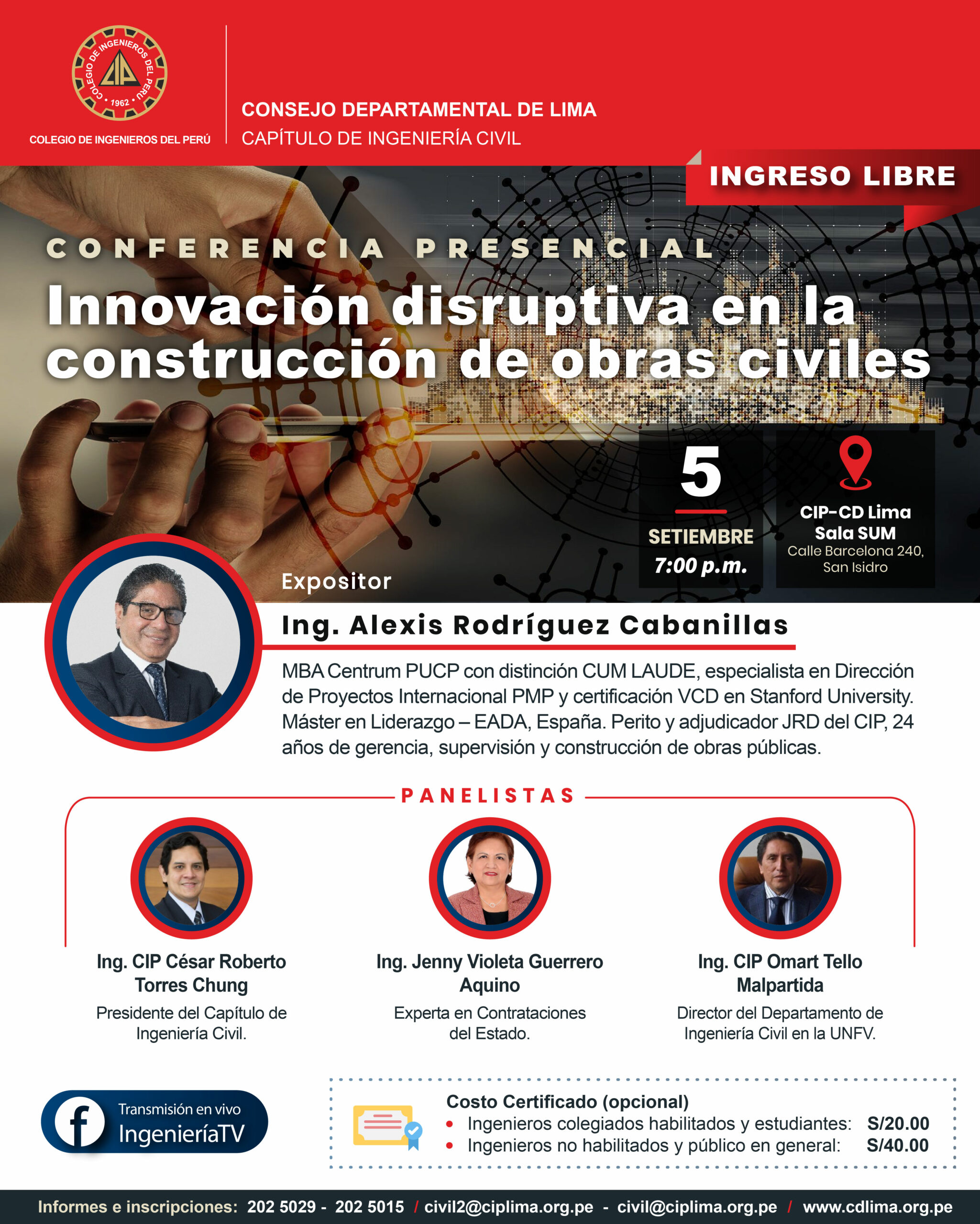 Conferencia presencial «Innovación disruptiva en la construcción de obras civiles» / Martes 05 de setiembre – 7:00 p.m.