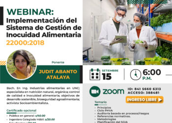 Webinar «Implementación del Sistema de Gestión de Inocuidad Alimentaria 22000:2018» / Viernes 15 de setiembre – 6:00 p.m.