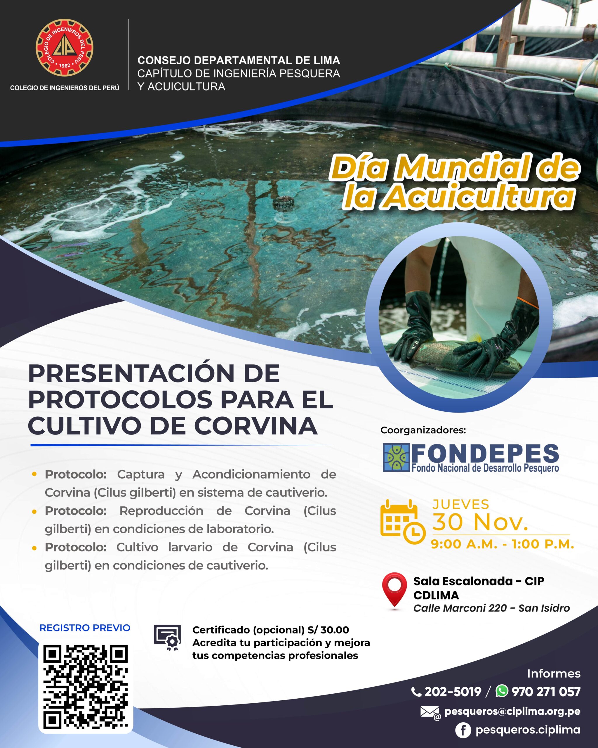 En el Día Mundial de la Acuicultura el Capítulo de Ingeniería Pesquera y Acuicultura del CIP CDLIMA presentará la Conferencia Técnica: Presentación de Protocolos para el cultivo de corvina