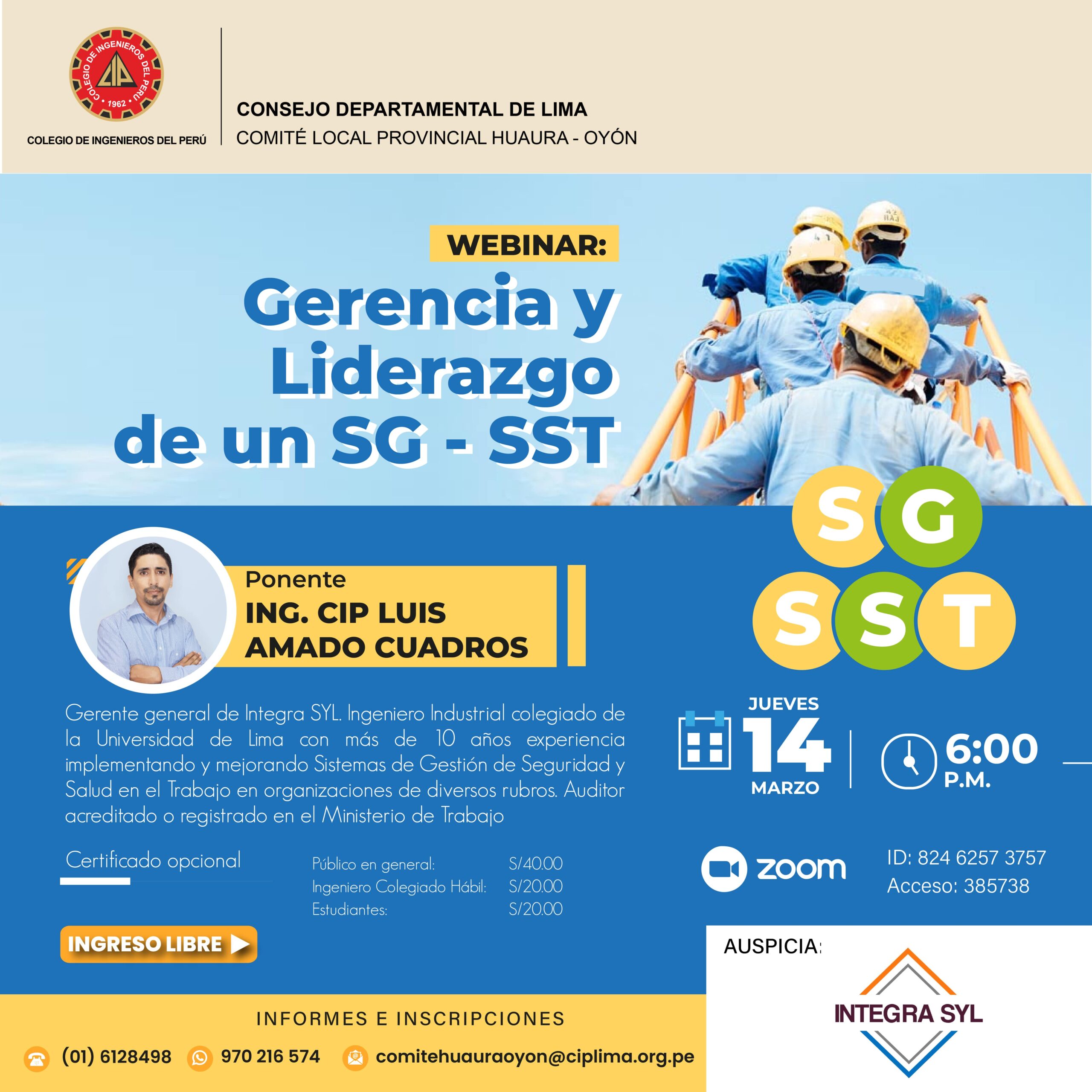 WEBINAR: «Gerencia y Liderazgo de un SG – SST» / Jueves 14 de marzo – 6:00 p.m.