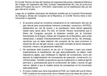 PRONUNCIAMIENTO DEL COMITÉ ESPECIALIZADO DE GAS DEL CIME SOBRE EL PROYECTO DE LEY N.° 679-2023