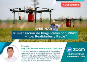 Webinar: «PULVERIZACIÓN DE PLAGUICIDAS CON RPAS: Mitos, Realidades y Retos» / Viernes 19 de julio – 6 p.m.
