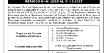 Diario La República: Convocatoria a Elecciones Generales del Colegio de Ingenieros del Perú consejo Departamental de Lima Periodo 01-01-2025  al 31-12-2027