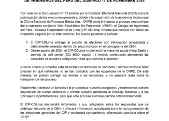 POSTERGACIÓN DE LAS ELECCIONES GENERALES EN EL COLEGIO DE INGENIEROS DEL PERÚ DEL DOMINGO 17 DE NOVIEMBRE 2024