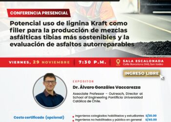 Conferencia presencial «Potencial uso de lignina Kraft como filler para la producción de mezclas asfálticas tibias más sostenibles y la evaluación de asfaltos autorreparables» / Viernes 29 de noviembre – 7:30 p.m.