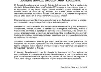 Pronunciamiento N° 04-2025-2027/CIPLIMA – ACCIDENTE EN UNIDAD MINERA ANTAMINA – YANACANCHA