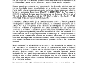 COMUNICADO N° 03-2025/CIPLIMA – A LA OPINIÓN PÚBLICA Y MIEMBROS DE LA ORDEN DEL CIP