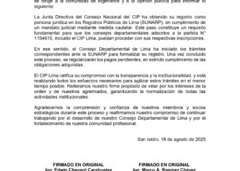 COMUNICADO N° 04-2025 / CIPLIMA | Sobre la inscripción de la Junta Directiva ante SUNARP