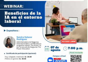 Webinar: ¨Beneficios de la IA en el entorno laboral¨/ Jueves 7 de agosto – 7:00 p.m.