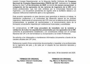 COMUNICADO N° 06-2025-2027/CIPLIMA – APROBACIÓN DE LA COLEGIACIÓN A INGENIEROS EGRESADOS DE LA UNIVERSIDAD NACIONAL DE INGENIERÍA (UNI)