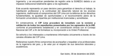 COMUNICADO N° 06-2025-2027/CIPLIMA – APROBACIÓN DE LA COLEGIACIÓN A INGENIEROS EGRESADOS DE LA UNIVERSIDAD NACIONAL DE INGENIERÍA (UNI)