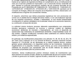 PRONUNCIAMIENTO N° 32-2025-2027/CIPLIMASOBRE LAS MODIFICACIONES PROPUESTAS A LA LEY GENERAL DE MINERÍA Y SU IMPACTO EN EL DESARROLLO DEL PAÍS
