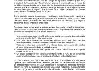 PRONUNCIAMIENTO N° 33-2025-2027/CIPLIMA – SOBRE LA EXCLUSIÓN DE LA LÍNEA 3 DEL METRO DE LIMA DEL PLAN NACIONAL DE INFRAESTRUCTURA 2026–2031