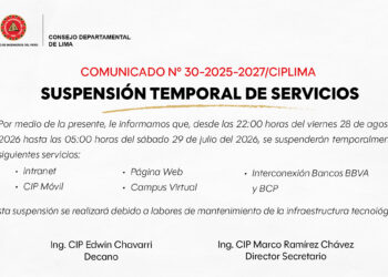COMUNICADO N° 30-2025-2027/CIPLIMA – SUSPENSIÓN TEMPORAL DE SERVICIOSCOMUNICADO N° 30-2025-2027/CIPLIMA