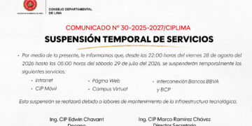 COMUNICADO N° 30-2025-2027/CIPLIMA – SUSPENSIÓN TEMPORAL DE SERVICIOSCOMUNICADO N° 30-2025-2027/CIPLIMA